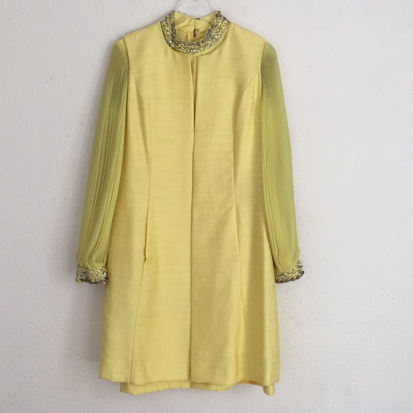 Vintage 1960s Mod Beaded Raw Silk Dress + Vest Duster Pleated Sleeves - Picture 7 of 14